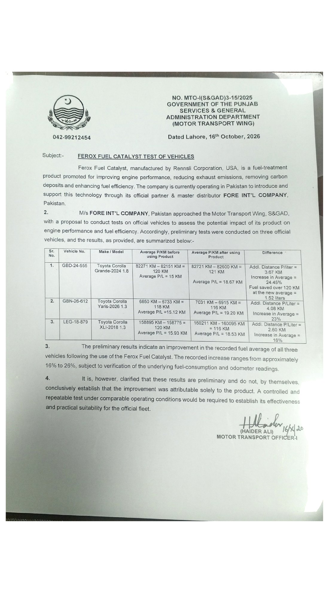 Government of the Punjab, Services & General Administration Department (Motor Transport Wing) letter dated Lahore, 16 October 2026, reporting Ferox Fuel Catalyst test results on three official vehicles